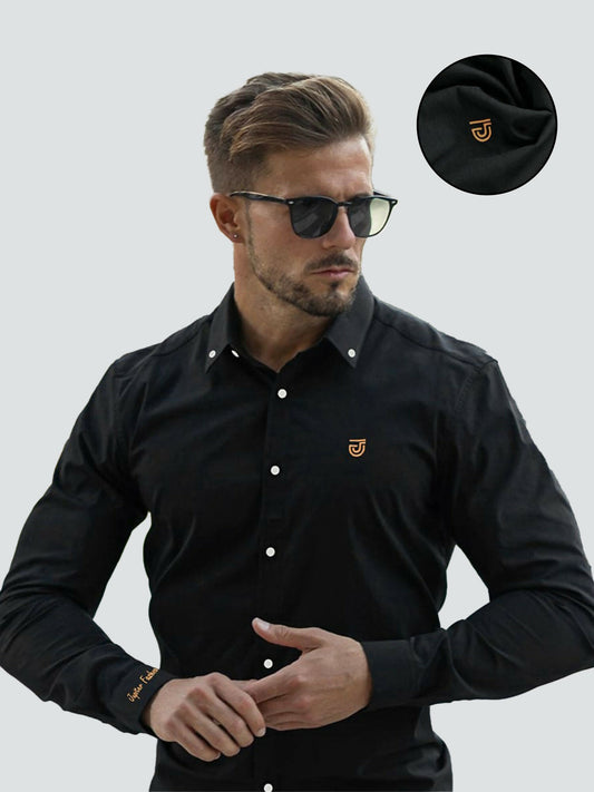 Men’s Jupiter black checked cotton shirt with embroidery on chest and cuffs, designed for a sleek pro fit.