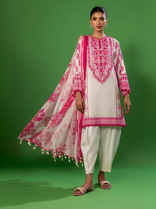 Unstitched 3-piece suit by Sana Safinaz with embroidered lawn shirt, floral printed chiffon dupatta, and plain cotton trouser.