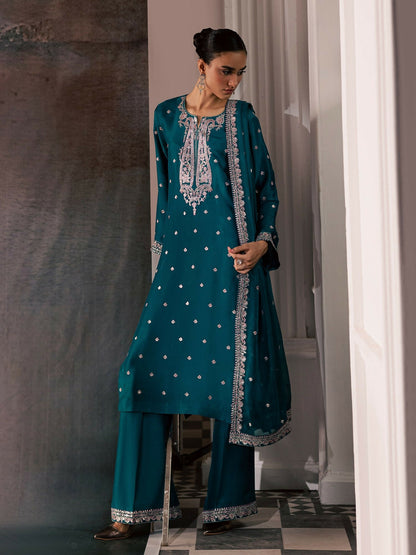Allure By IH Be-My-Guest Thai Silk Embroidered Stitched 3-Piece Suit-Pine