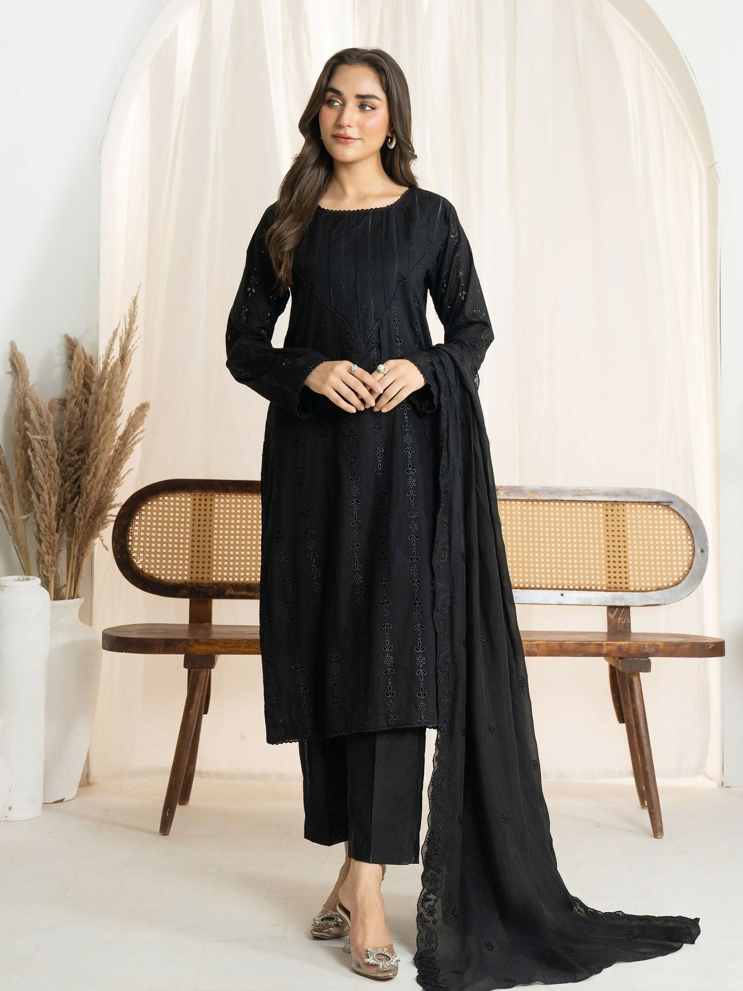 Panache Apparel Monochrome Tales Cotton Lawn Embroidered Stitched Suit-Classic Noir