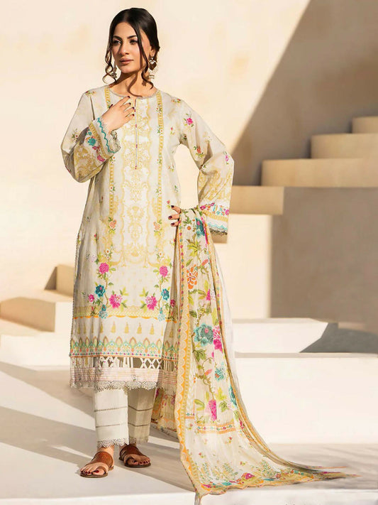 Unstitched 3-piece suit featuring ivory digital printed slub lawn shirt with yellow and multicolored floral motifs, vibrant fancy fabric dupatta, and plain lawn trouser.