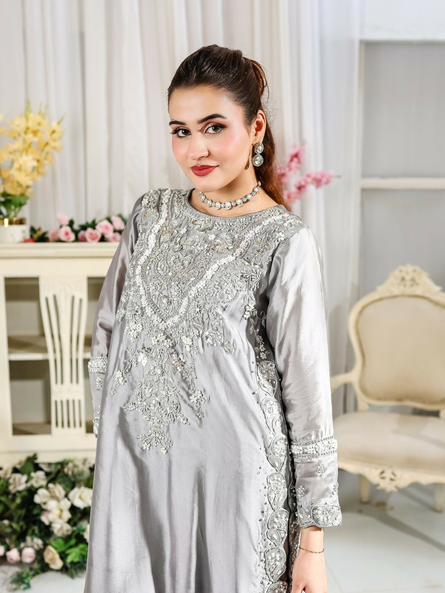 Farooq Hameed Studio Wedding Festive'25 Pure Glass Silk Embroidered Stitched 3-Piece Suit-Kiyara
