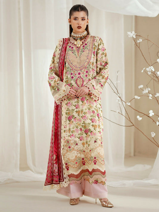 Binilyas Eres Bonita Viscose '25 embroidered unstitched suit with printed shirt, organza embroidery, chiffon dupatta, and printed trouser.