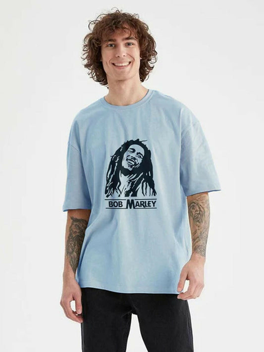 Jupiter Printed Oversized Off Shoulder Bob Marley Print Tee-Shirt-13642
