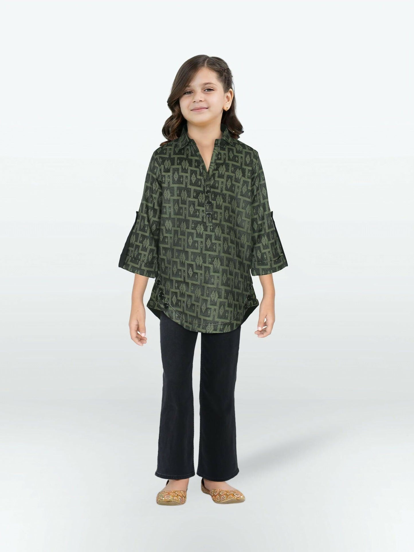 Olive Green Velvour Girls Printed Stitched Tunic-VG124-A