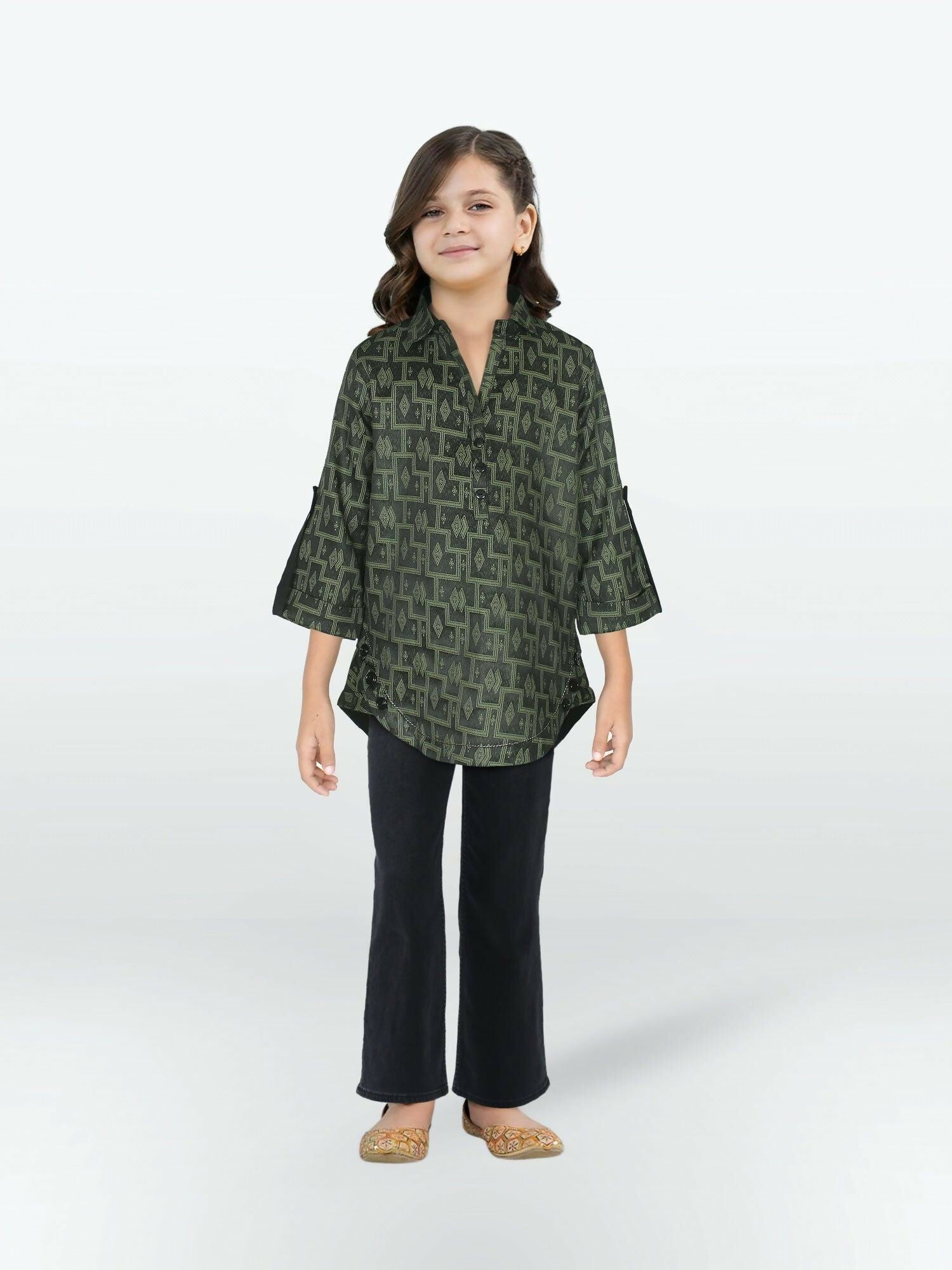 Olive Green Velvour Girls Printed Stitched Tunic-VG124-A
