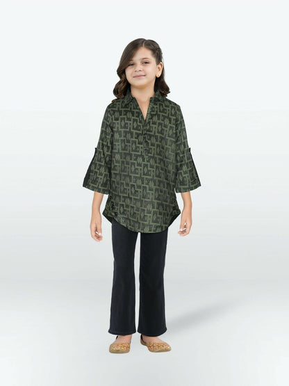 Olive Green Velvour Girls Printed Stitched Tunic-VG124-A
