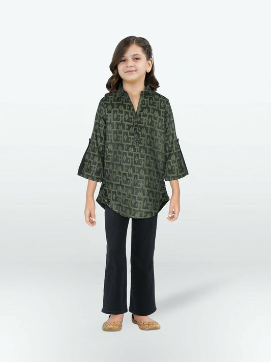 Olive Green Velvour Girls Printed Stitched Tunic-VG124-A