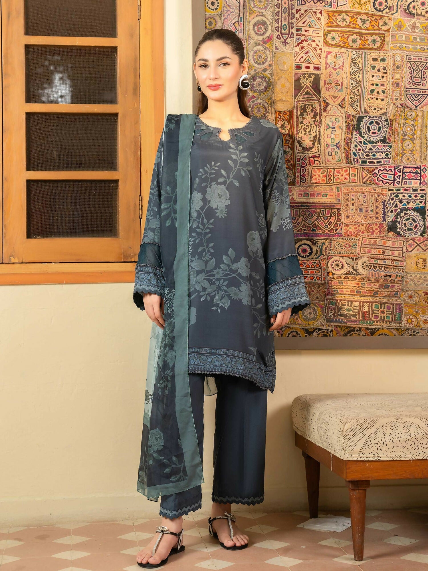 Panache Apparel Mah-e-Noor Khaddar Printed Stitched Suit-Slate