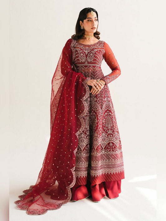 Deep Red Zara Shahjahan Luxury Poly Organza Embroidered Unstitched Bottom-CHERIE-D3