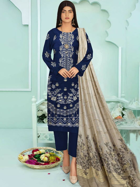 Fully embroidered shirt with plain trousers and a jacquard dupatta featuring floral detailing.