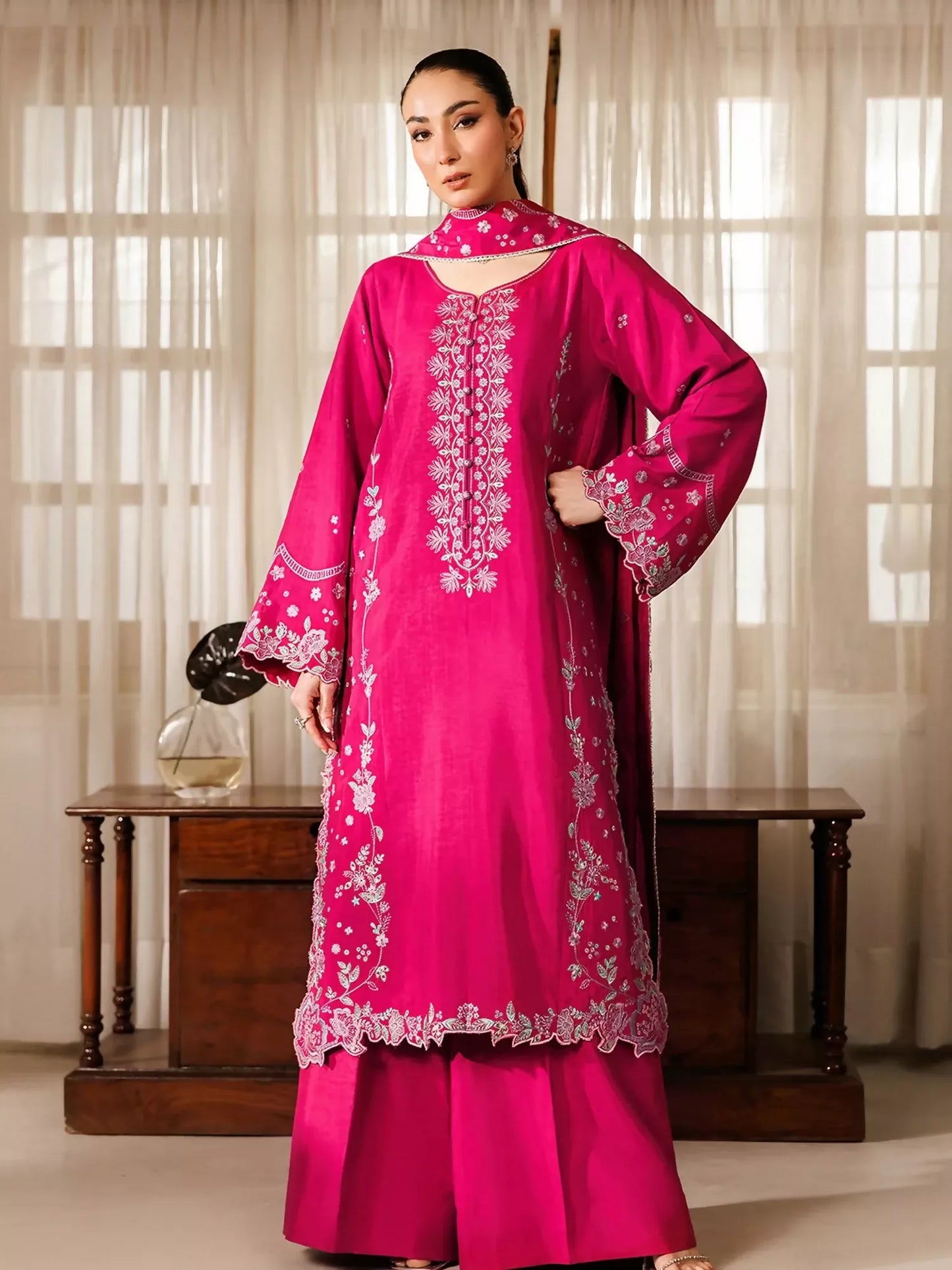 Panache Apparel Noore Eid Edit Raw Silk Embroidered Stitched Suit-Misha