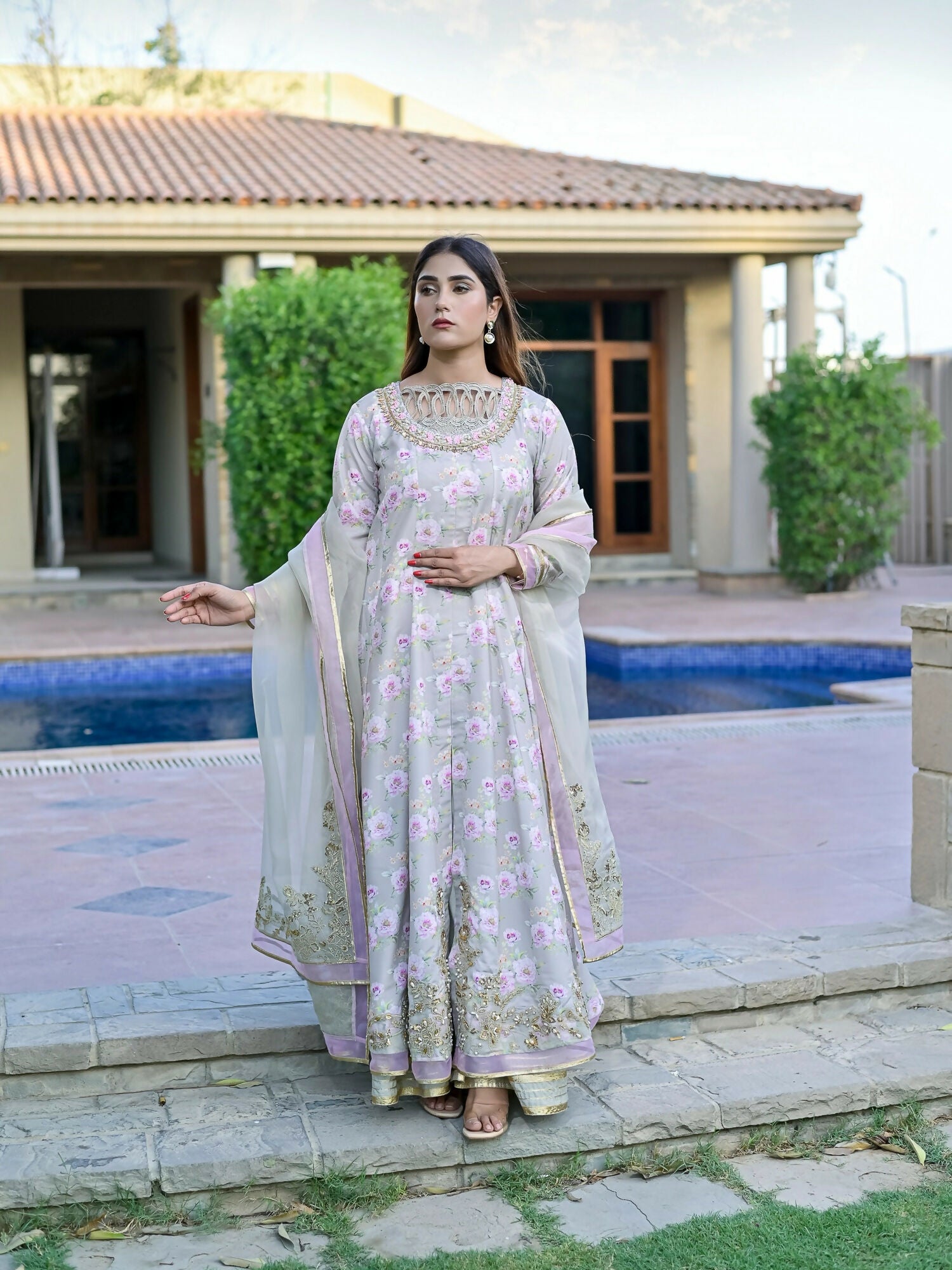 Farooq Hameed Studio Silk Embroidered Stitched 3-Piece Suit-Irana