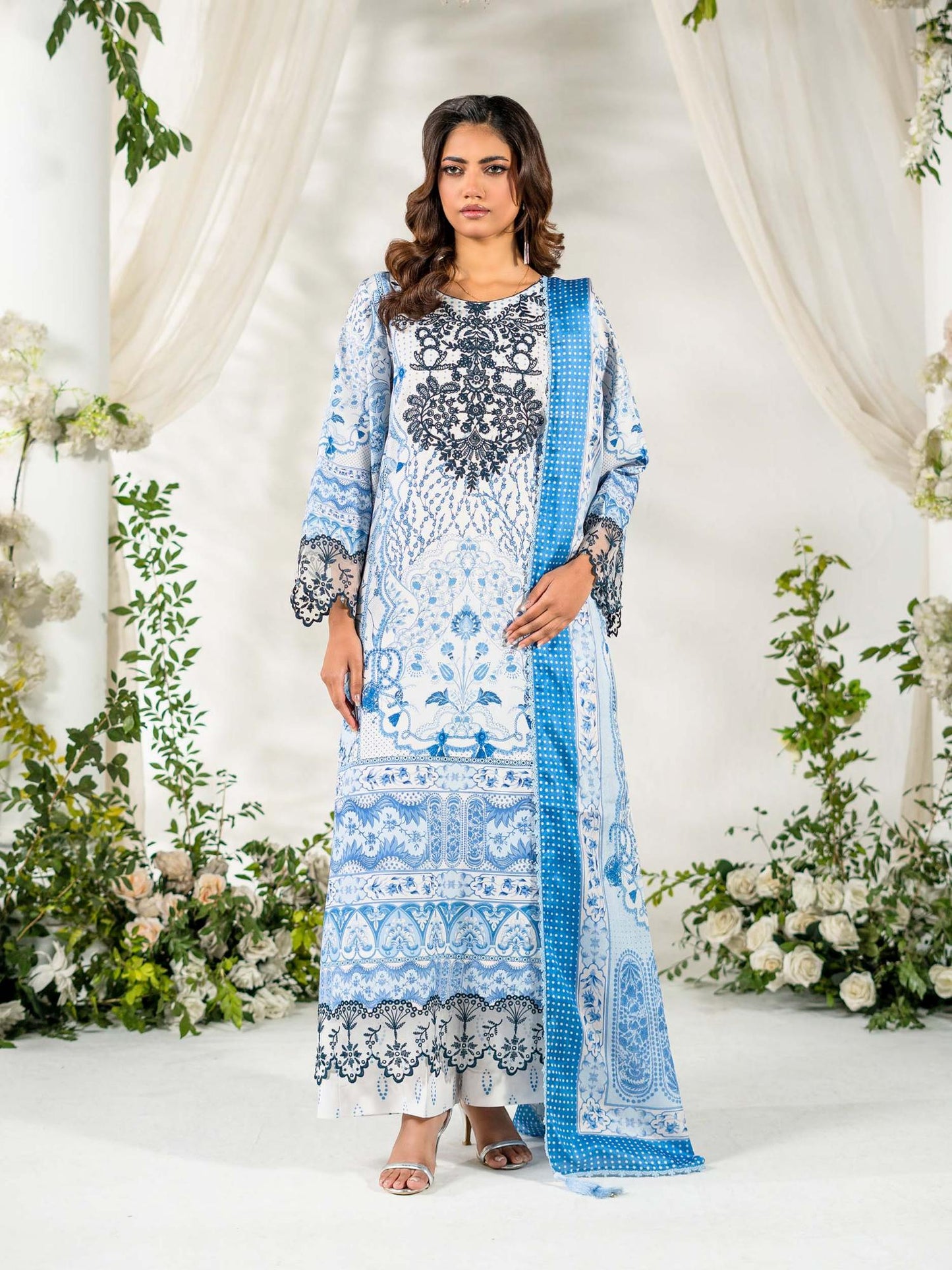 Blue Rabazka Lawn Embroidered Unstitched 3-Piece Suit-WUS-PELW-3PCS-S26-01