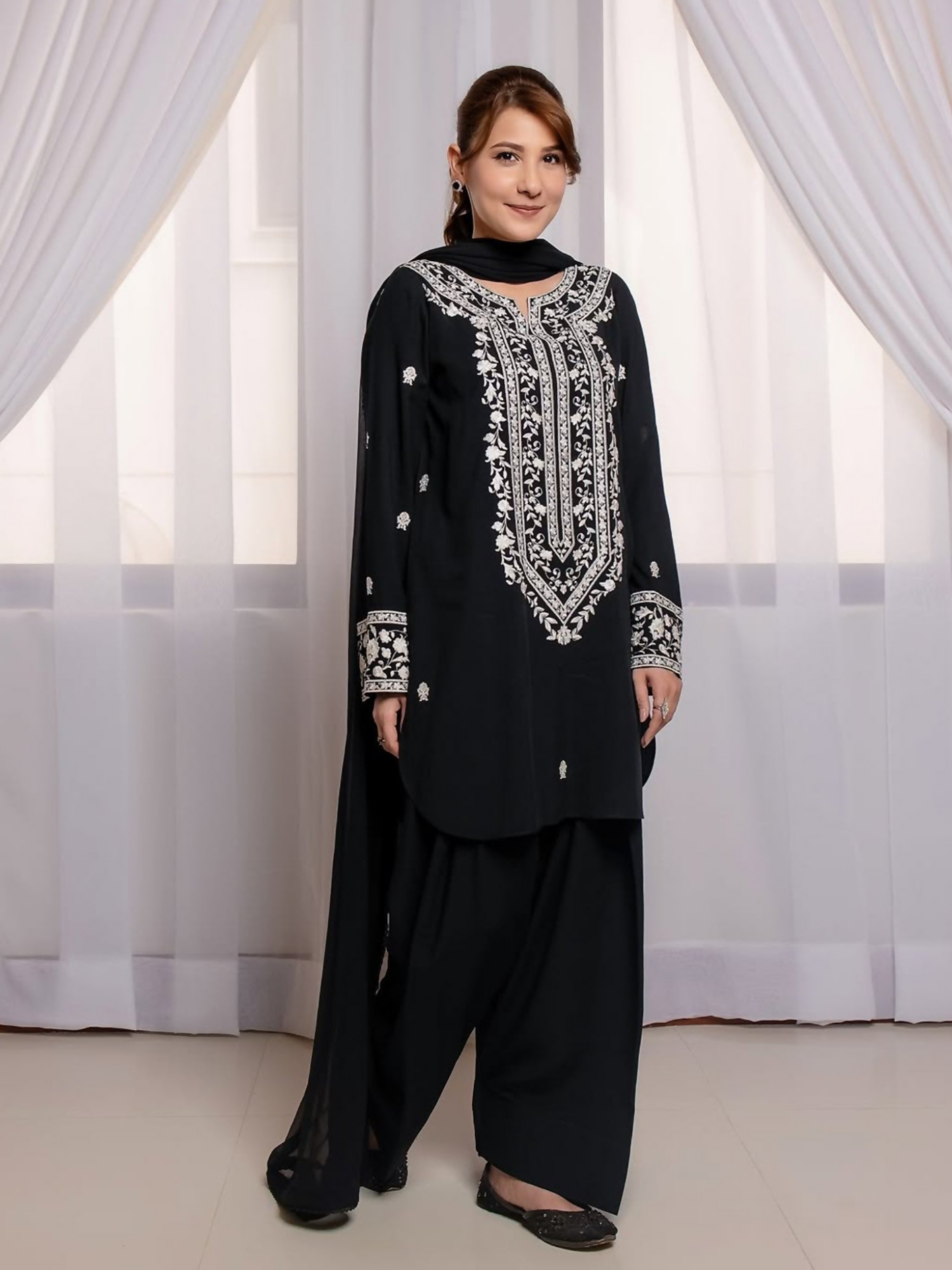 Stylish Collection Linen Embroidered Stitched 2-Piece Suit-Black Allure
