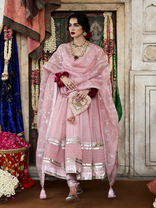 Hussain Rehar Festive Pret’25 rose pink chanderi pishwas with churidar and embroidered organza dupatta, stitched 3-piece suit.