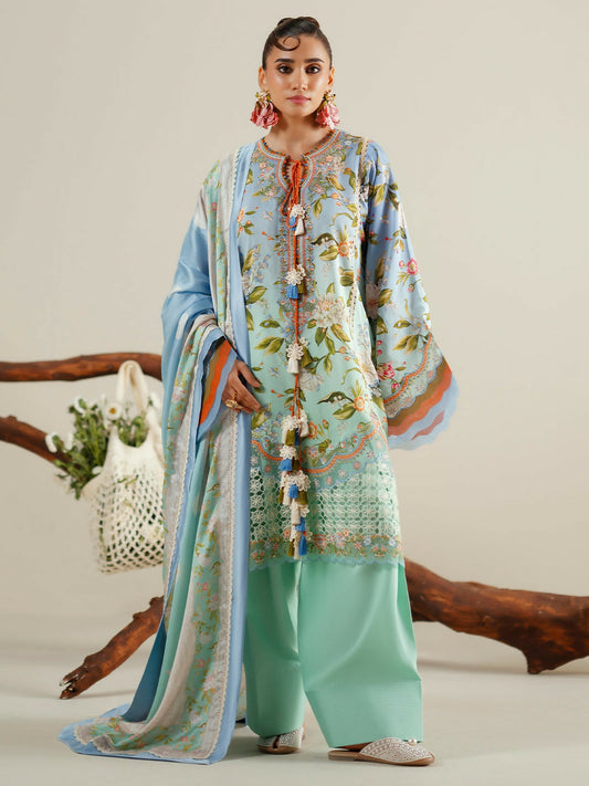 Binilyas Eres Bonita Viscose '25 embroidered unstitched suit with printed shirt, organza details, silk dupatta, and printed trouser.