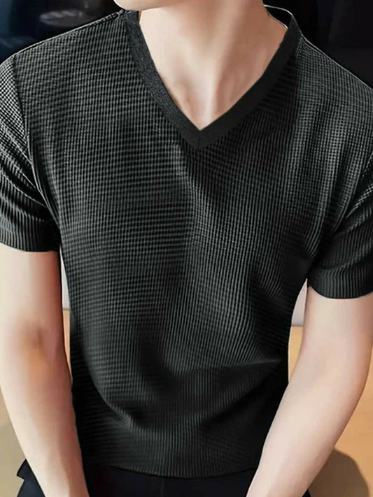 Charcoal Jupiter Plain Texture Touch V Neck Tee-Shirt-14465