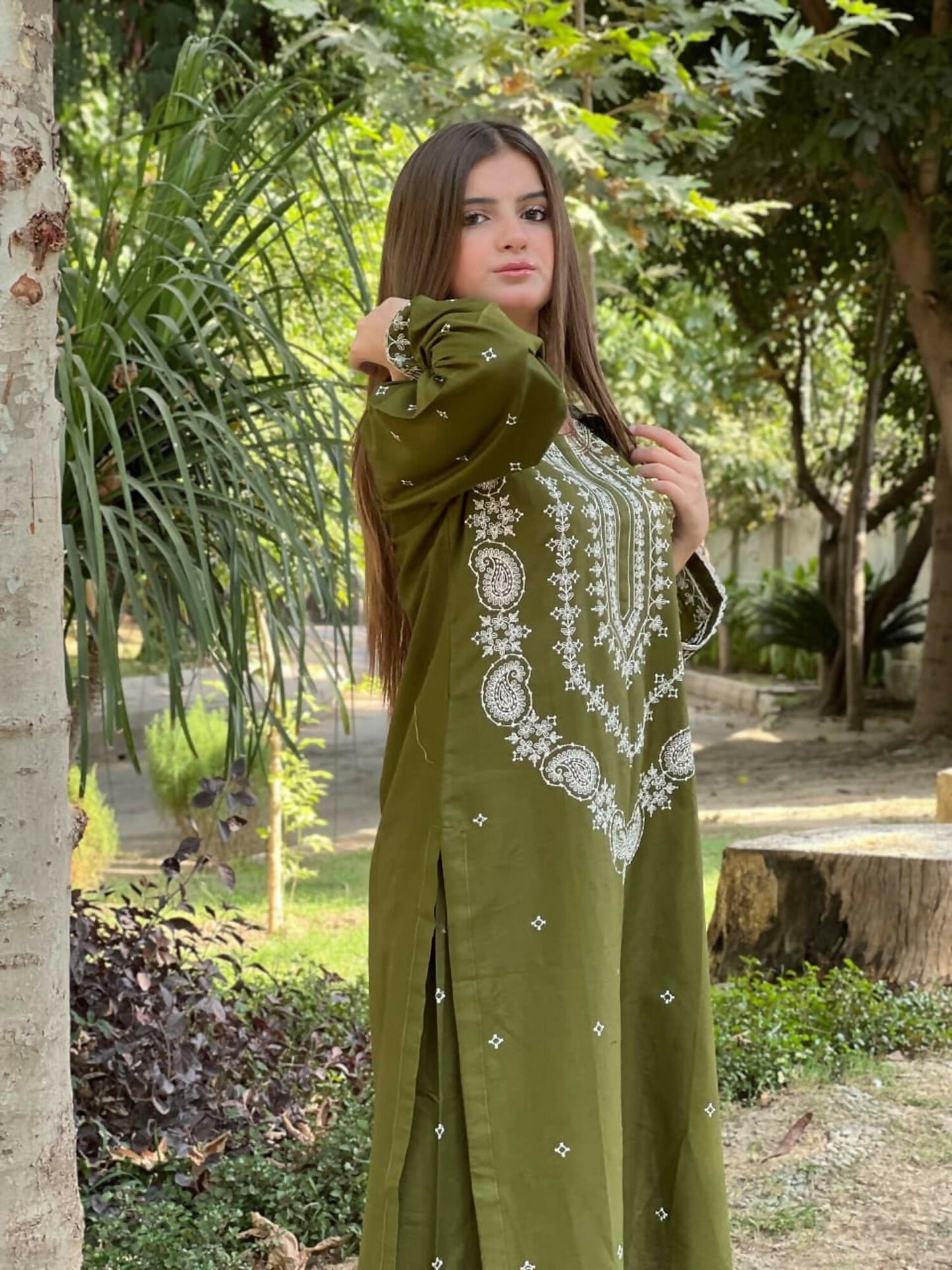 Tehzeeb Libas Cotton Lawn Embroidered Stitched 2-Piece Suit-OLIVE