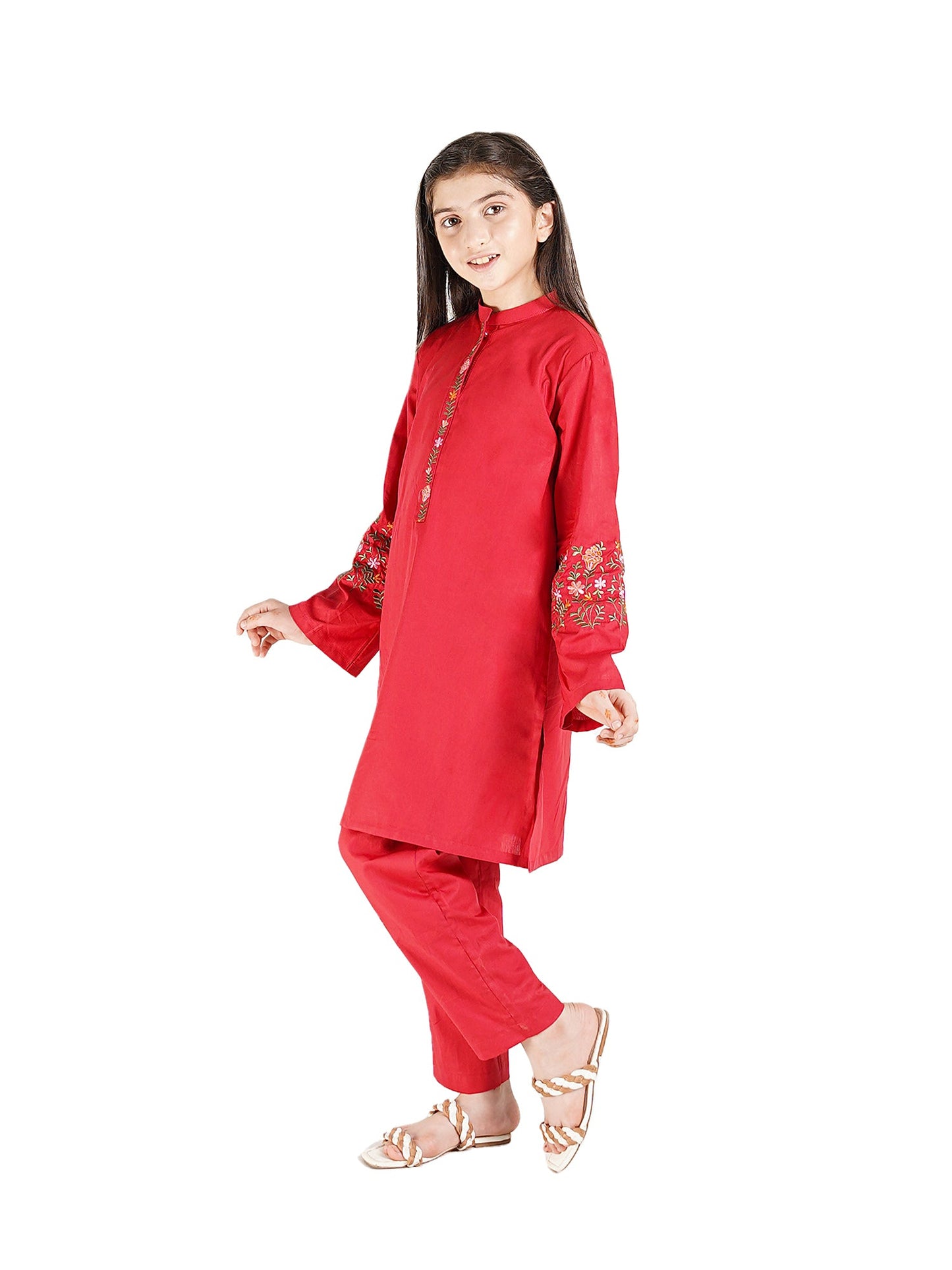 Velvour Girls Cotton Embroidered Stitched 2-Piece Suit-VG91-B