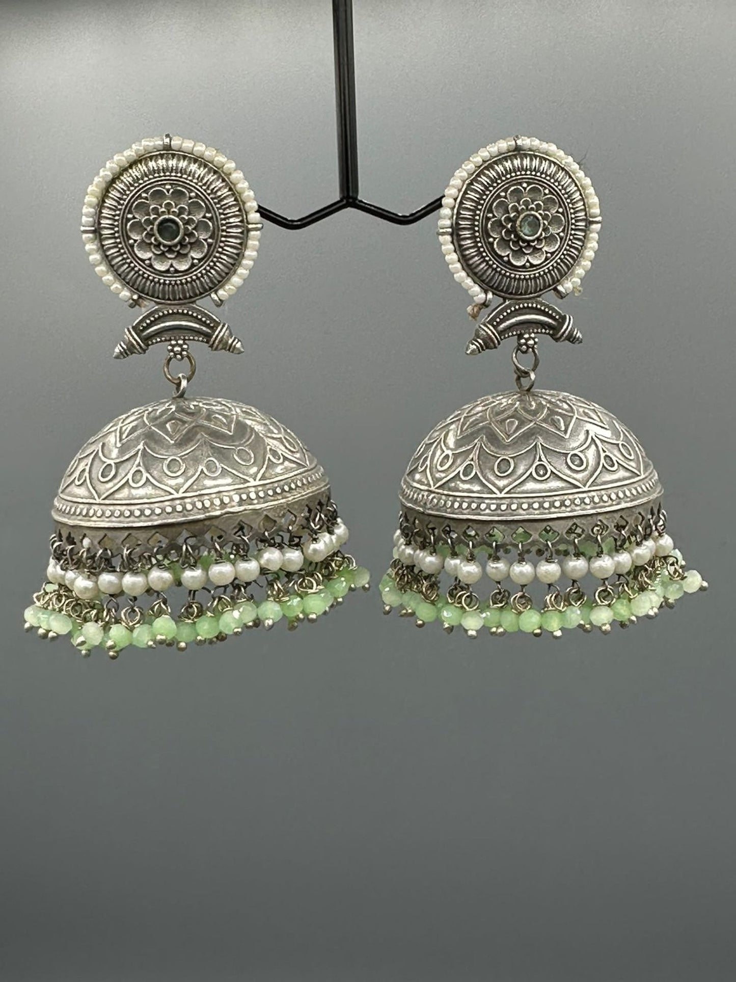 Silver and green-H&A Jewellery Oxidized Earrings