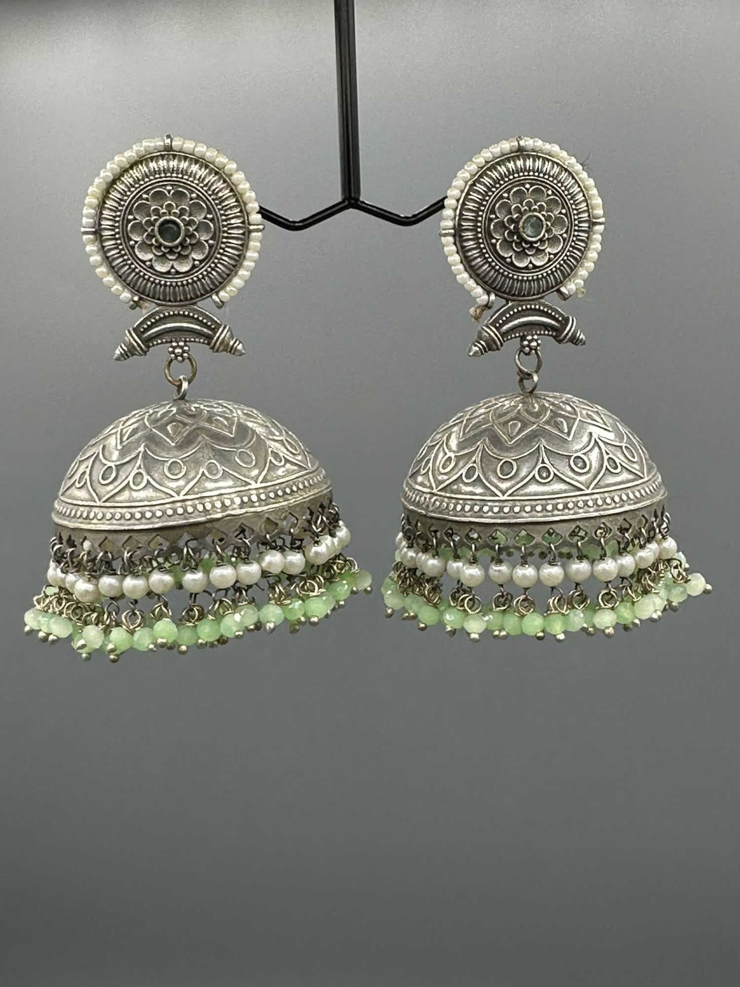 Silver and green-H&A Jewellery Oxidized Earrings