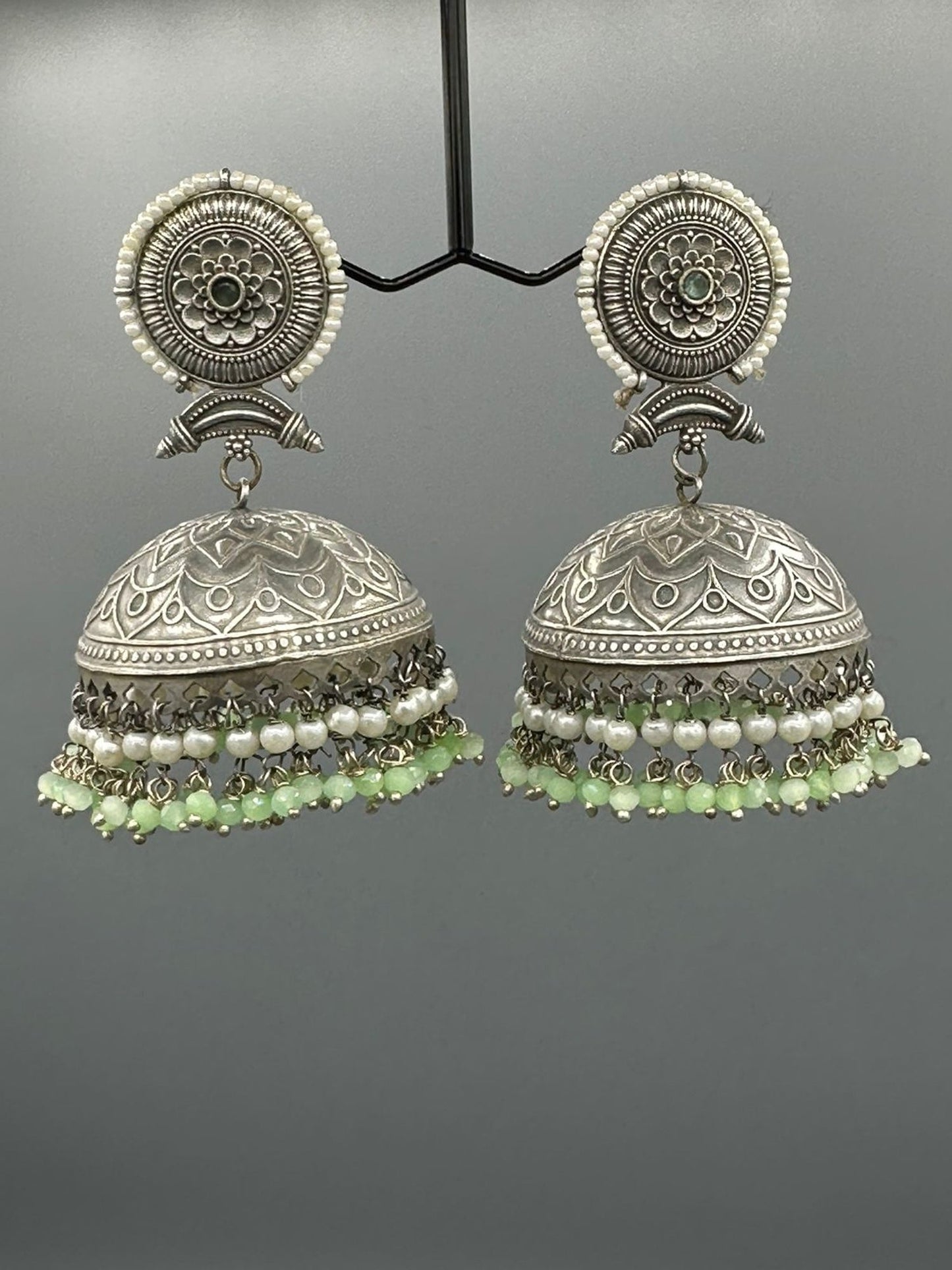 Silver and green-H&A Jewellery Oxidized Earrings