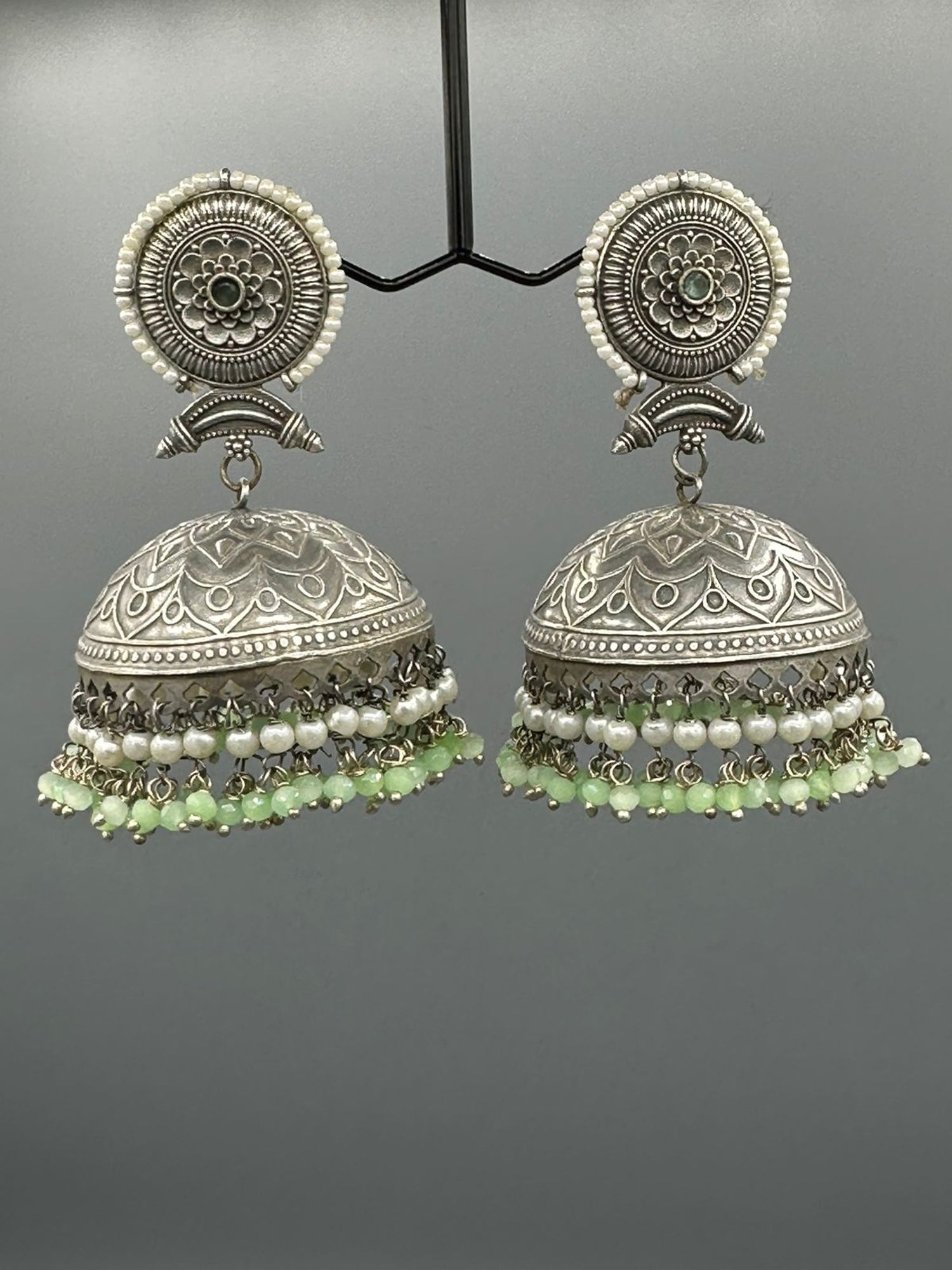 Silver and green-H&A Jewellery Oxidized Earrings