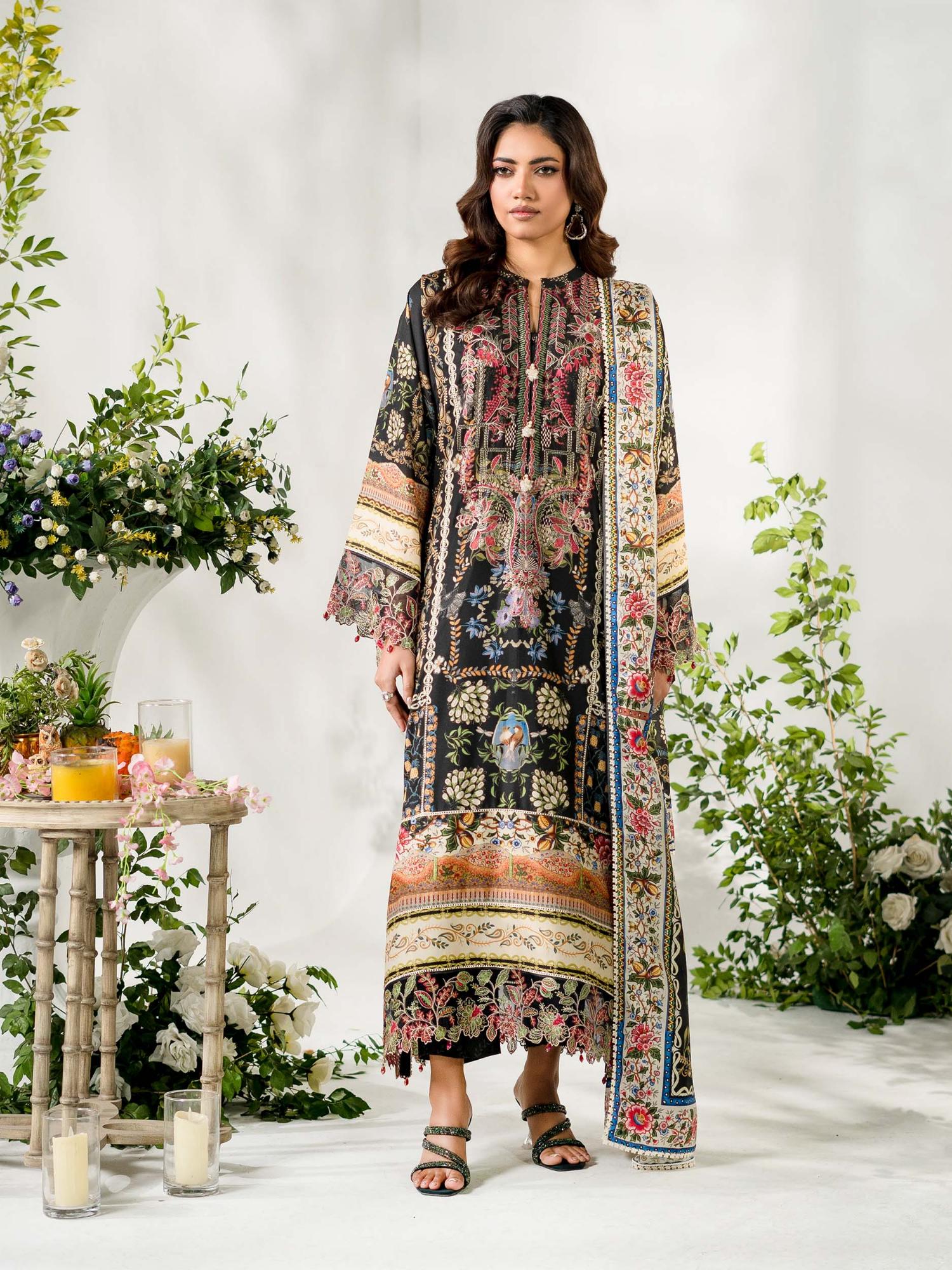 Black Rabazka Lawn Embroidered Unstitched 3-Piece Suit-WUS-PELW-3PCS-S26-04