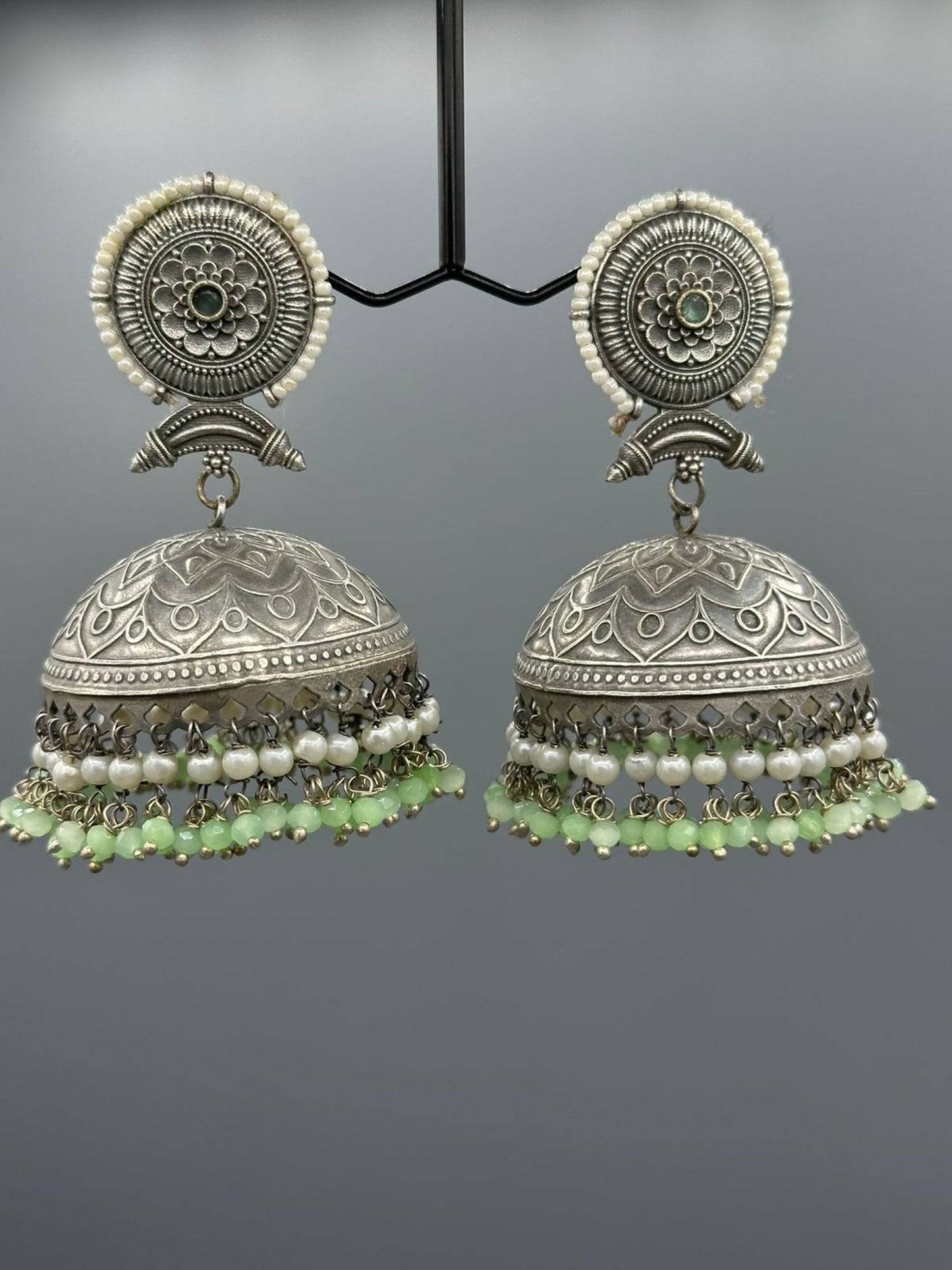 Silver and green-H&A Jewellery Oxidized Earrings