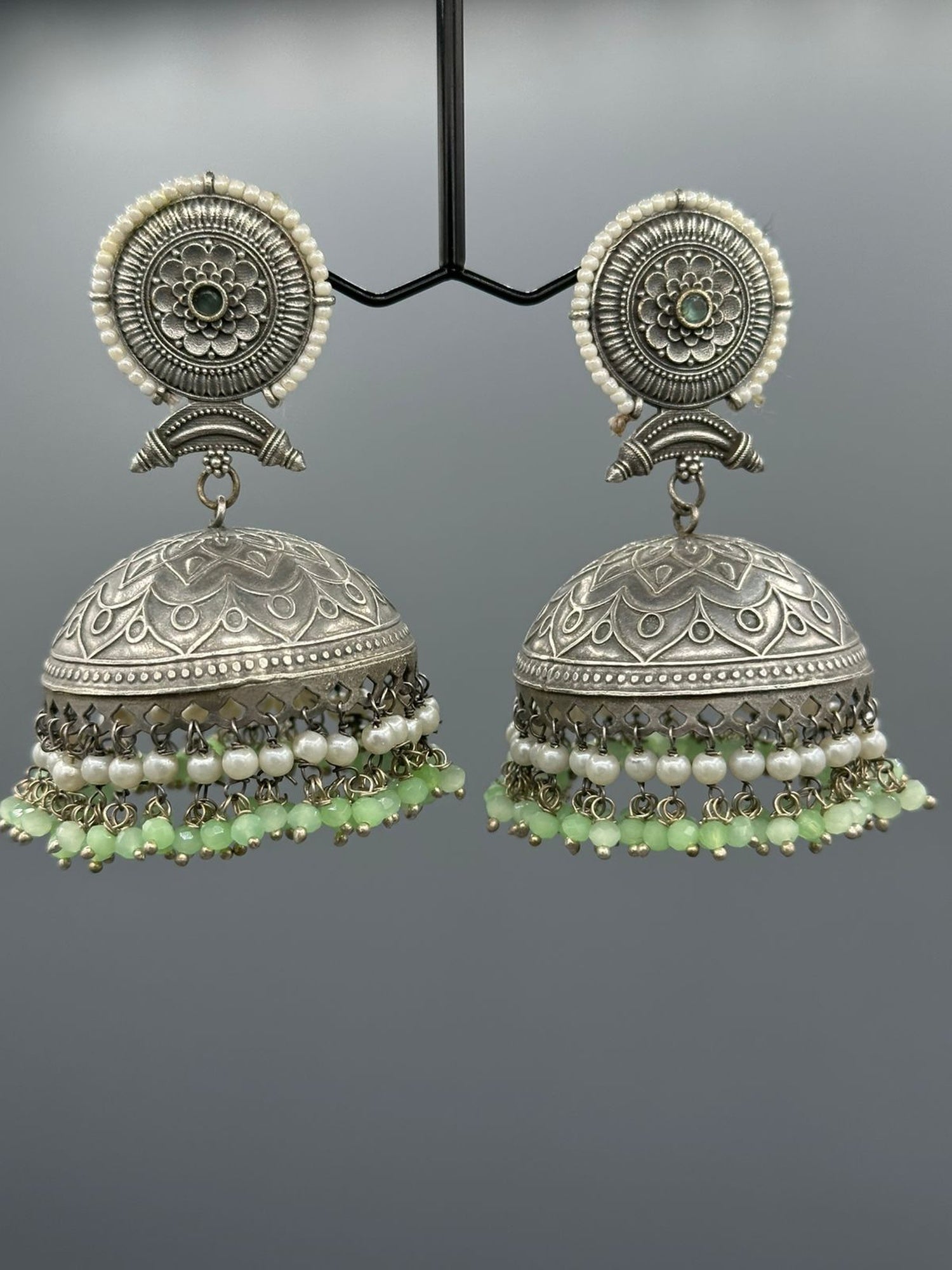 Silver and green-H&A Jewellery Oxidized Earrings