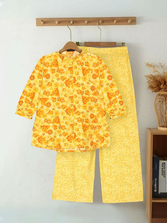 Yellow and Orange Velvour Girls Printed Co-ord Set-VG157-A