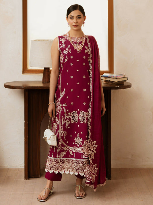 Unstitched 3-piece lawn suit from Mahnur Florence collection with embroidered shirt, Monark dupatta, and dyed trouser.