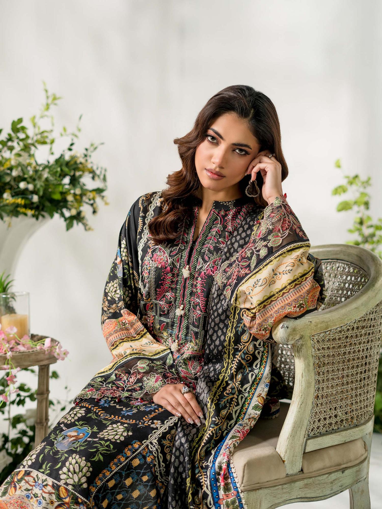 Black Rabazka Lawn Embroidered Unstitched 3-Piece Suit-WUS-PELW-3PCS-S26-04