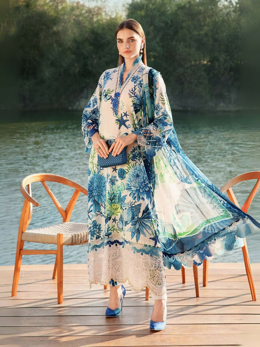 Maria.B white and blue printed lawn shirt with embroidered organza patti, buttons, lace, printed cambric trouser, and printed chiffon dupatta.