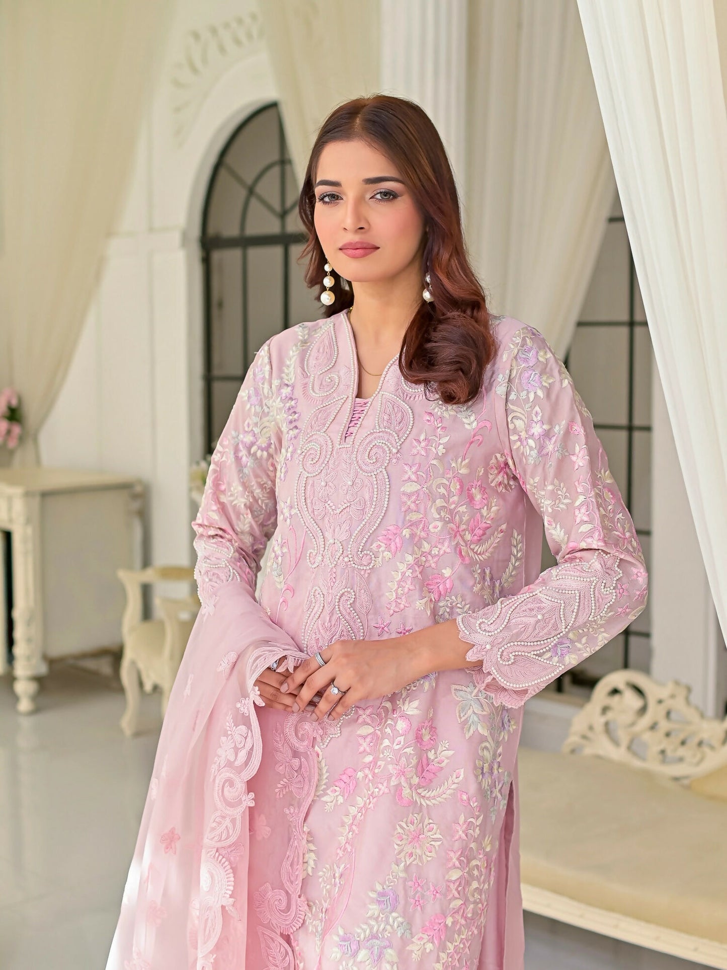 Farooq Hameed Studio Silk Embroidered Stitched 3-Piece Suit-Aura