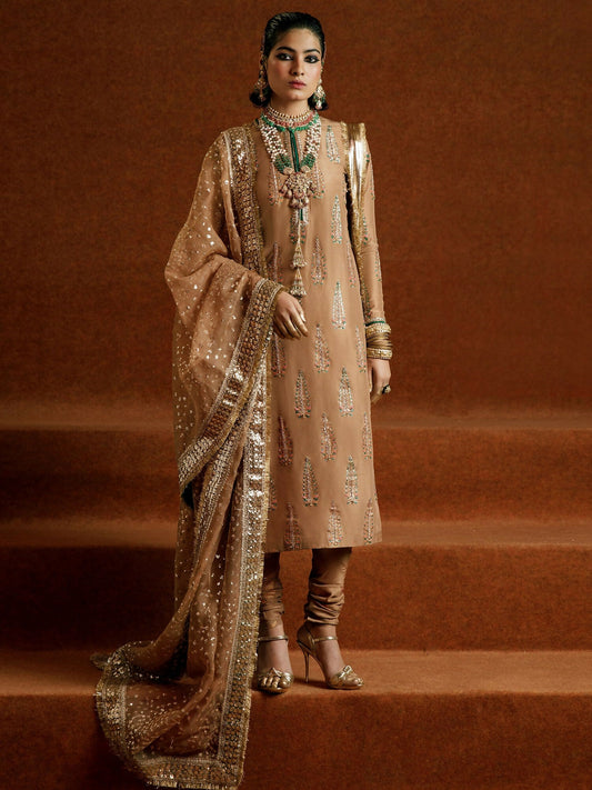 Hussain Rehar beige brown and gold raw silk embellished shirt with chooridaar and organza dupatta