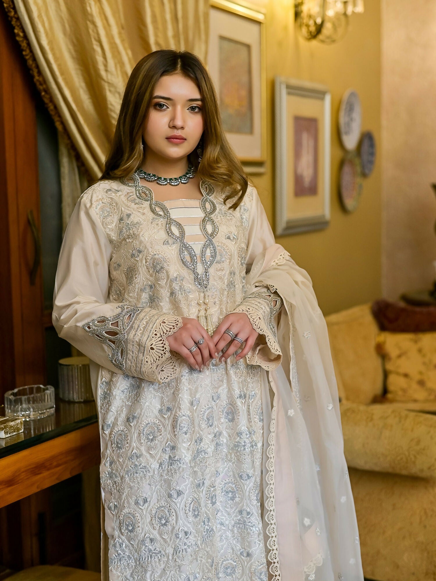 Farooq Hameed Studio Wedding Festive'25 Glass Silk Embroidered Stitched 3-Piece Suit-Noor
