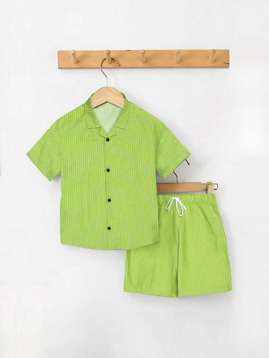 Green Velvour Boys & Girls Printed Co-ord Set-VC15