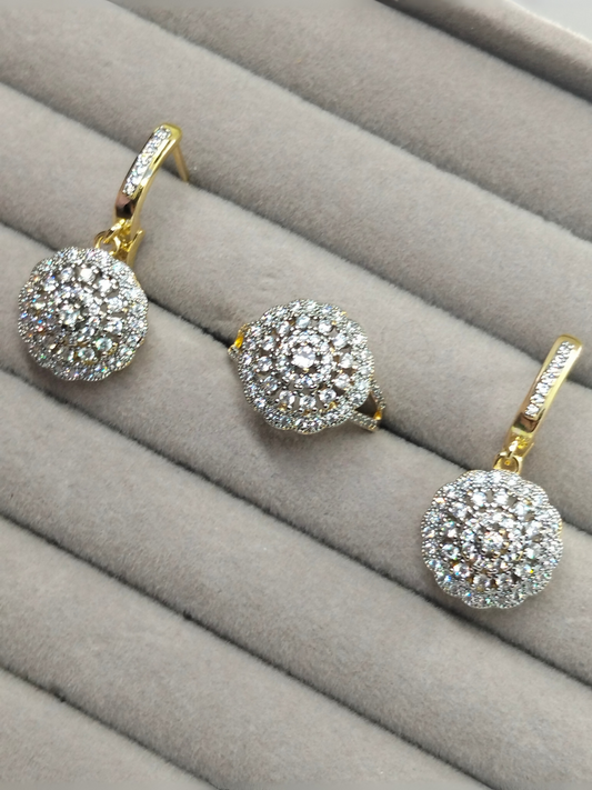 H&A Jewellery dual tone earrings and matching ring with round floral crystal design in gold and silver finish.