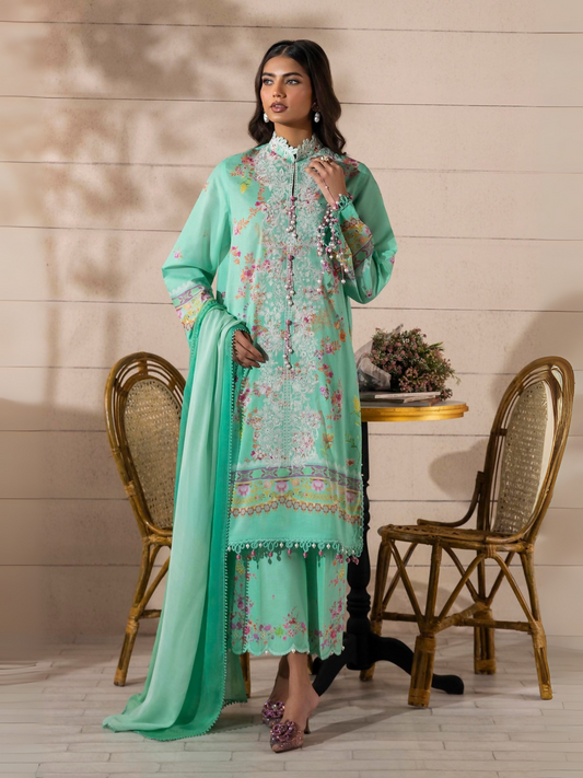 Unstitched 3-piece suit by Sana Safinaz with embroidered lawn shirt, organza borders and kufuls, printed chiffon dupatta, and digitally printed pants.