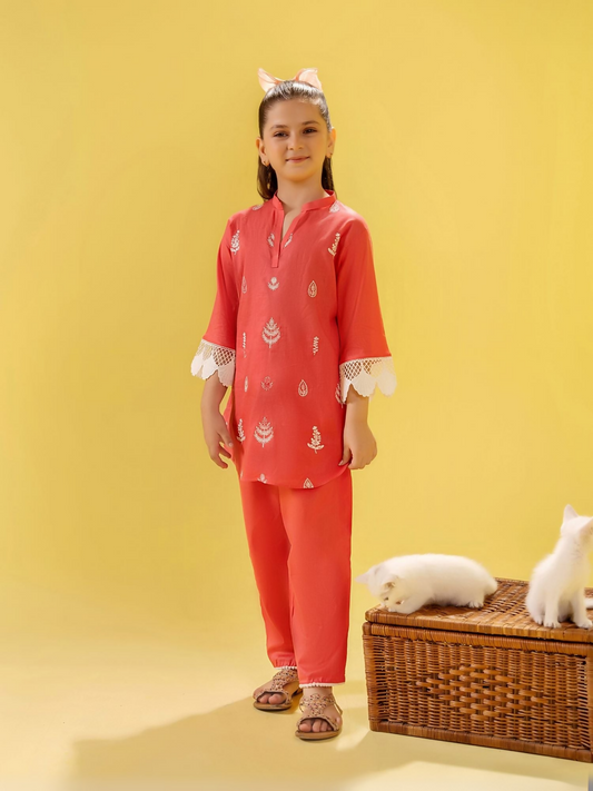 Designer girls’ stitched 2-piece summer set featuring top and capri in breathable intermixed cotton by Velvour.
