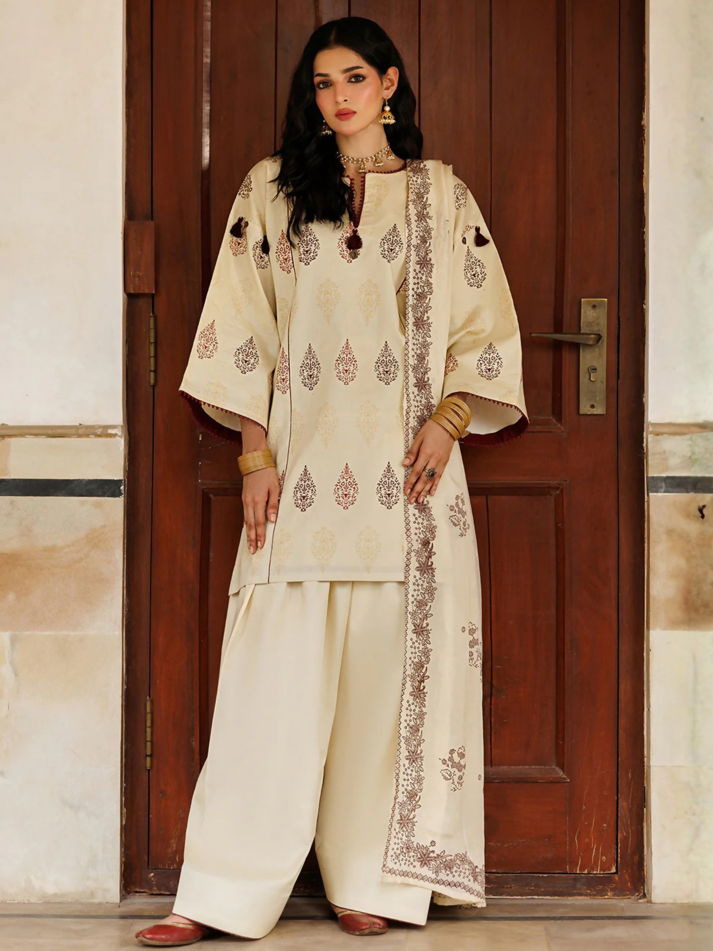 Cream Panache Apparel Noor Mahal Cotton Printed Stitched Suit-Razeen