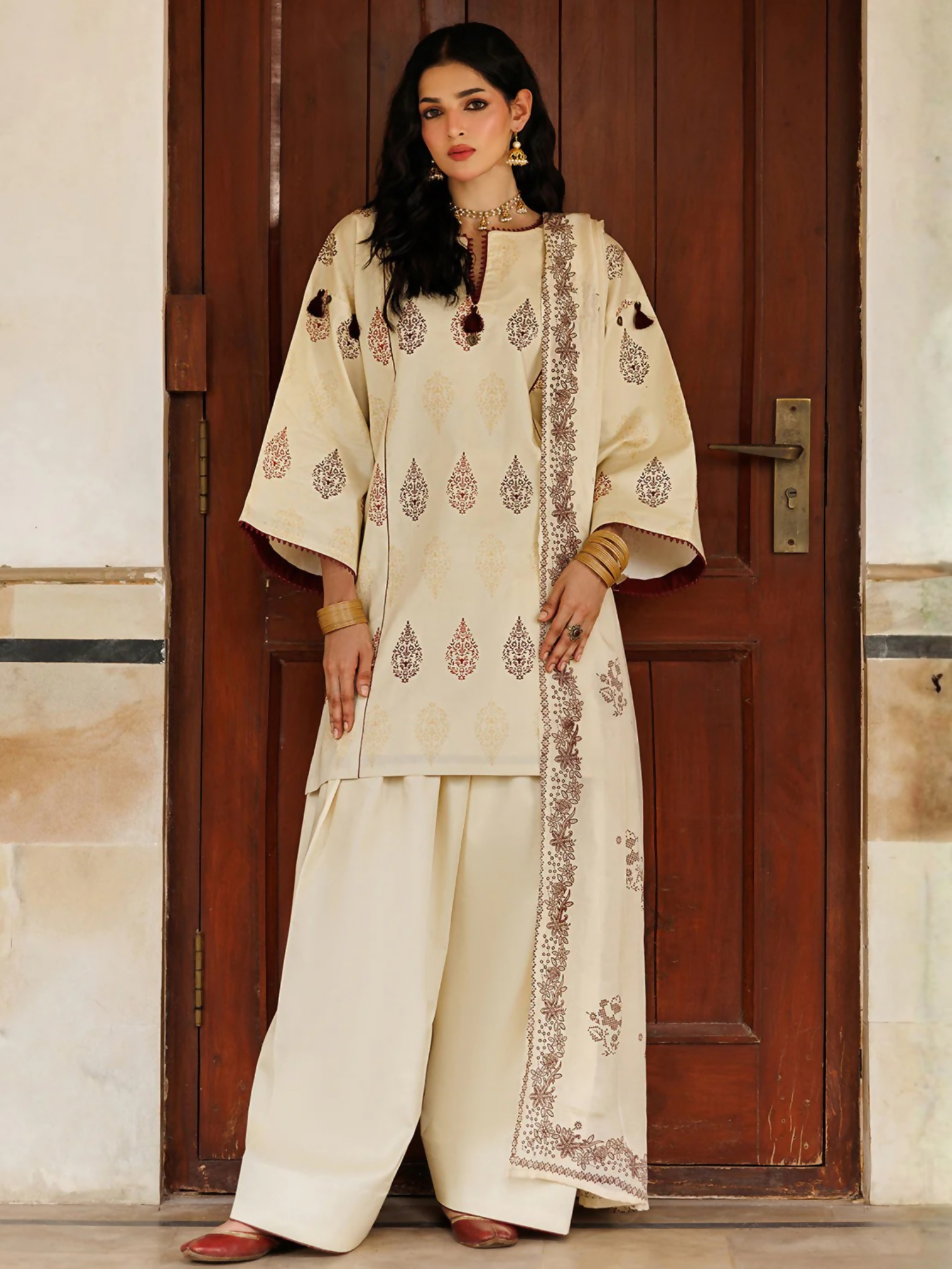 Cream Panache Apparel Noor Mahal Cotton Printed Stitched Suit-Razeen
