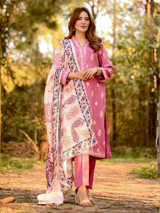 Panache Apparel Daily Essentials RTW Linen Embroidered Stitched Suit-Haven Nyla Raja