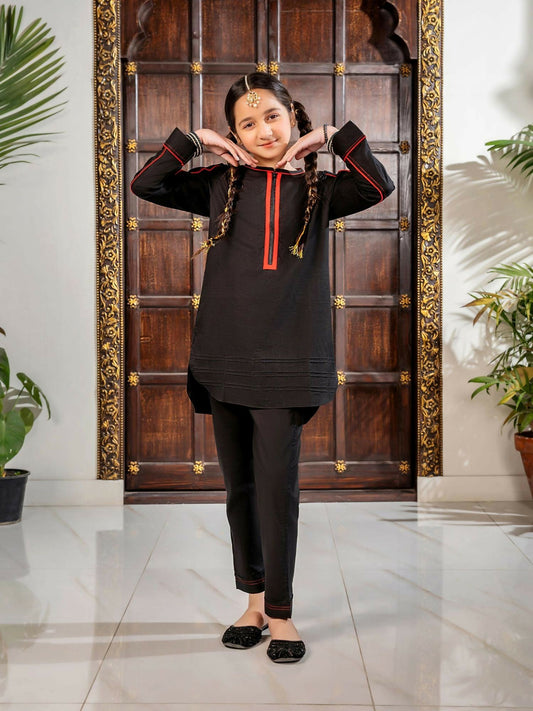 Black and Red Pipping Velvour Girls Co-ord Set-VG104-B