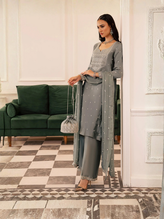 Allure By IH Be-My-Guest Thai silk Embroidered Stitched 3-Piece Suit-Wild Cold