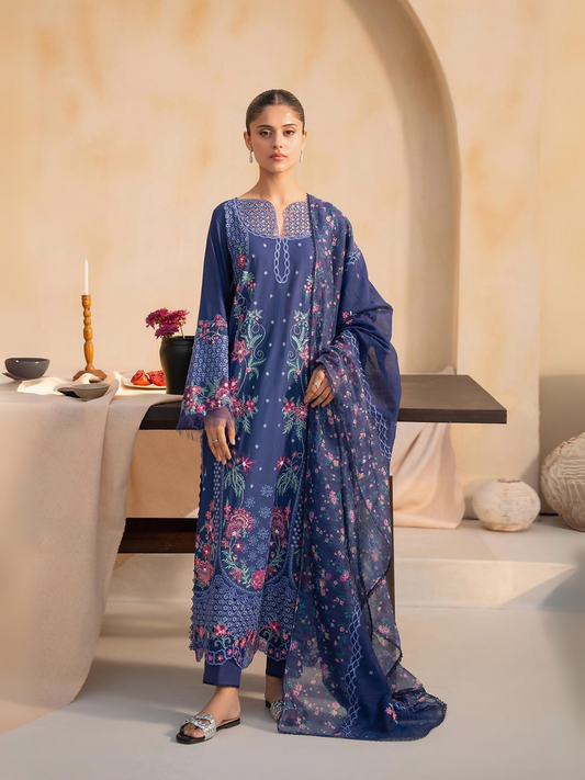 RajBari TALIAH 2-B navy blue floral embroidered 3-piece unstitched lawn suit with ready-to-wear dupatta