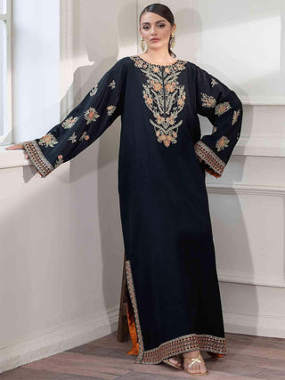 Black Rabazka Raw Silk Embroidered Kaftan