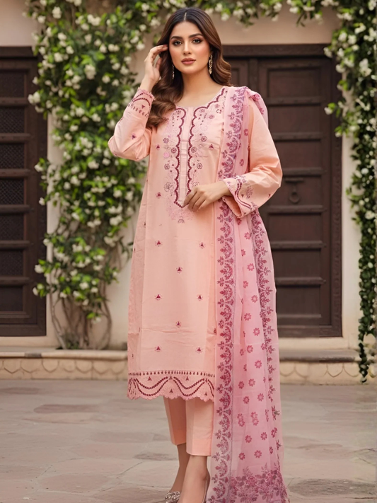 Pink Duas Boutique Cotton Embroidered Stitched 3-Piece Suit-Pink Feroza